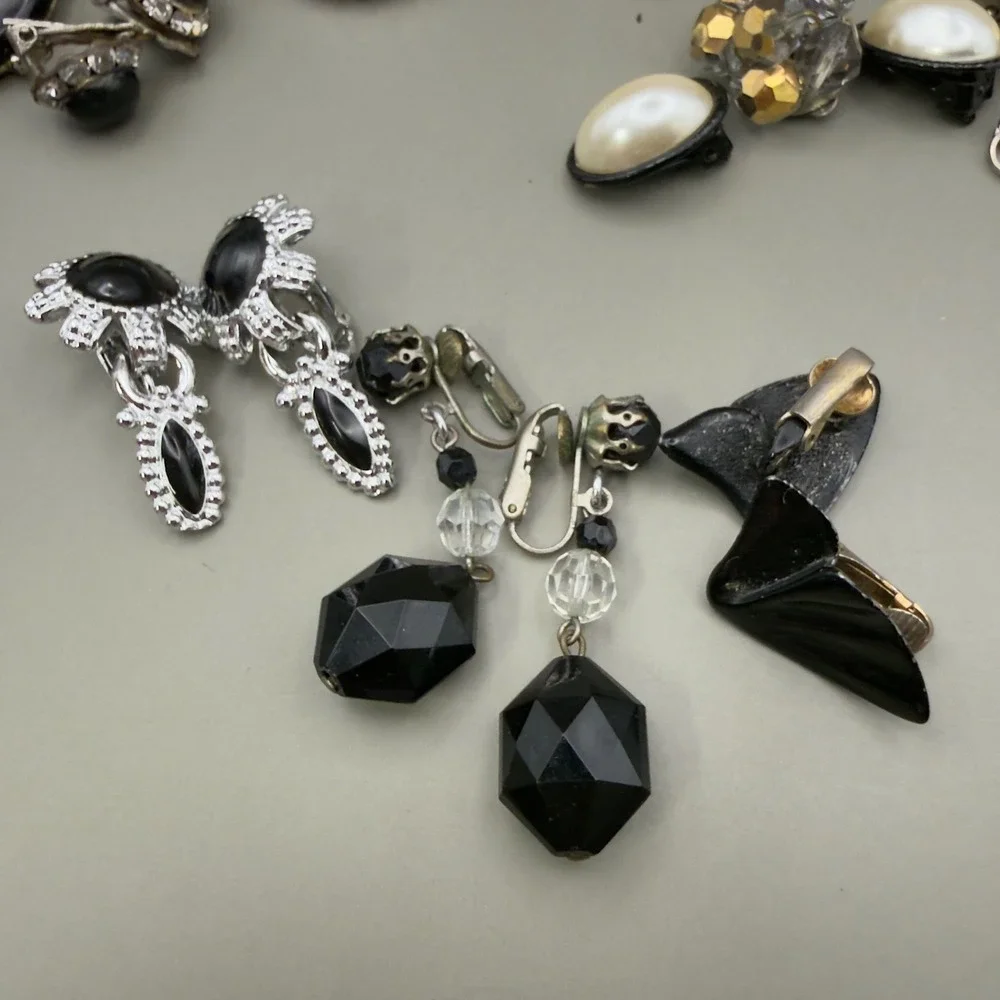 Vintage Clip On Earring Lot 13 Pairs 80s 90s Retro Geometric Pearl Beaded Black
